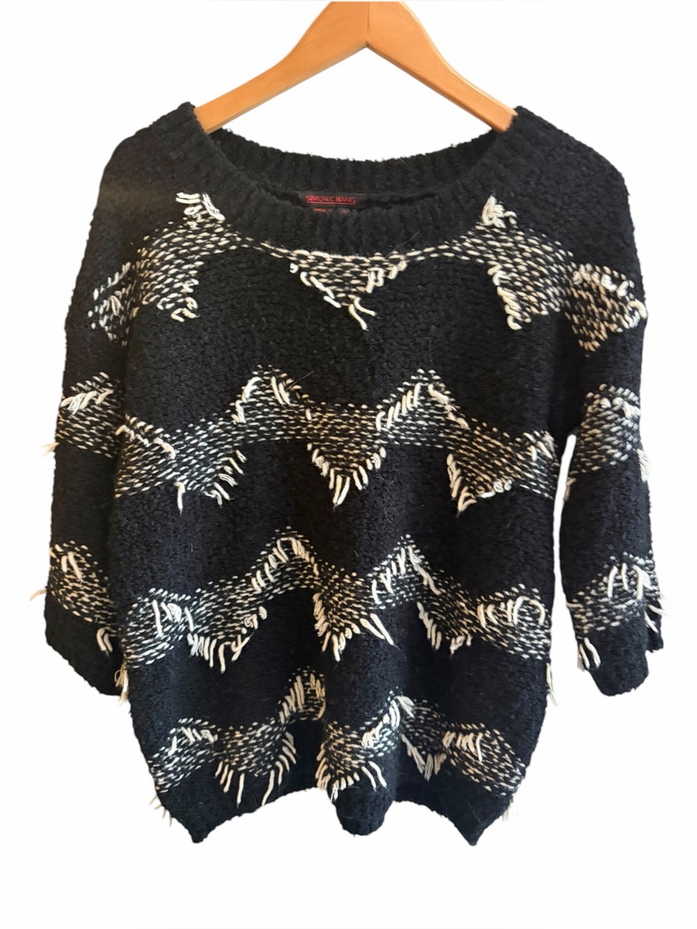SIMON CHANG Black White Fringe Pullover Sweater Western Whimsigoth